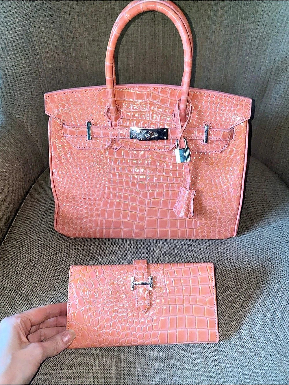 30cm coral pink crocodile top handle leather handbag bk30